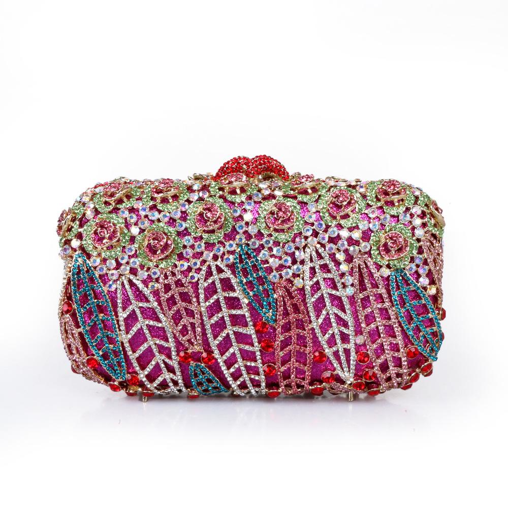 Volle Steine Blume Party Box Clutch Lila/grün Kristall Abendtasche Hochzeit Braut Minaudiere Handtaschen Kette Damen Tasche