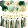Engagement Party Decorations, Happy Engagement Banner Sage Green Tissue Pom Poms, Paper Lanterns, Circle Dot Garland for Couple Party Bridal Shower