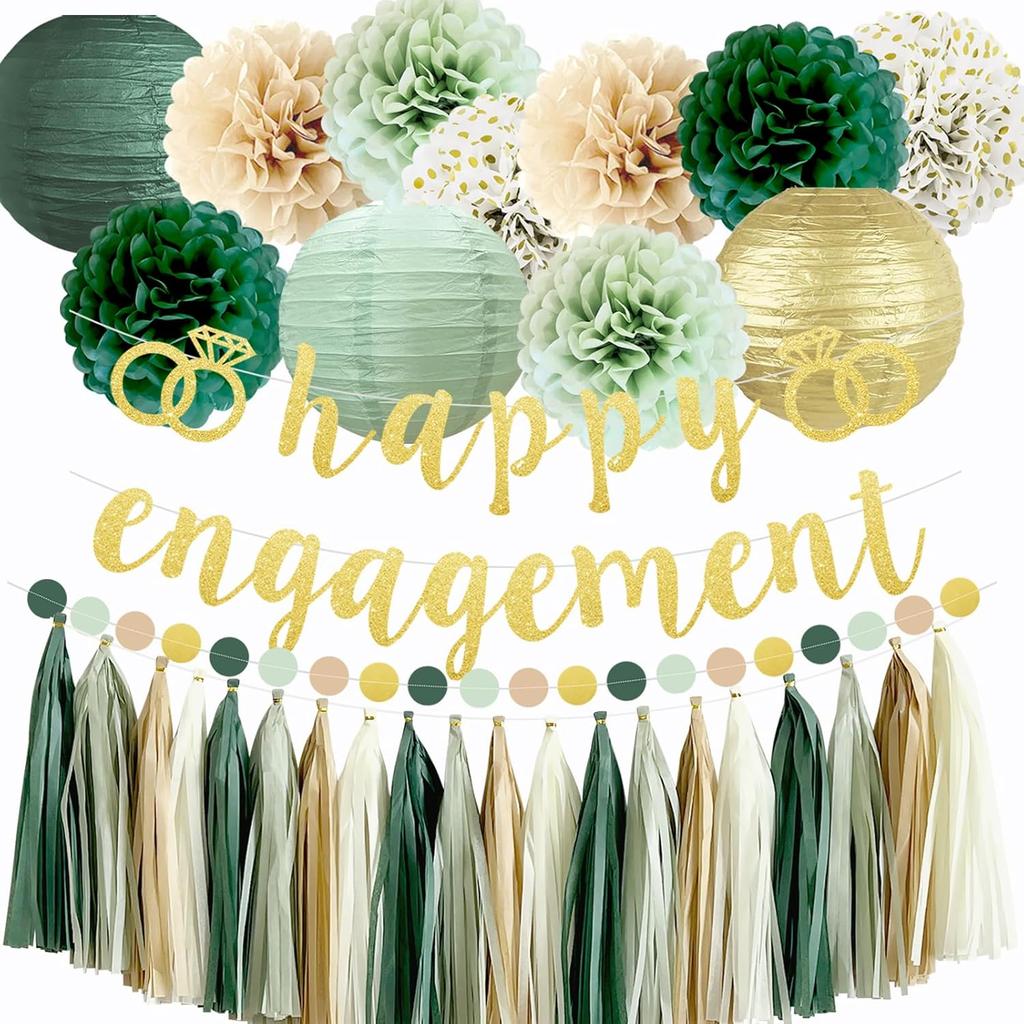 Engagement Party Decorations, Happy Engagement Banner Sage Green Tissue Pom Poms, Paper Lanterns, Circle Dot Garland for Couple Party Bridal Shower