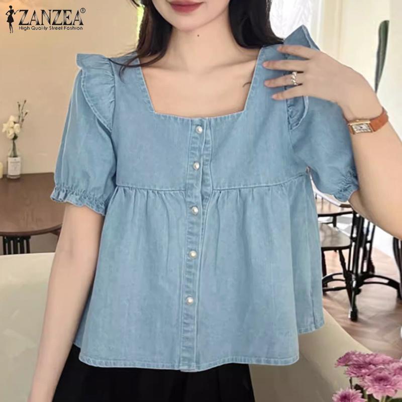 

ZANZEA Women Summer Boat Neck Puff Short Sleeve Blouses 5XL світло-синій колір