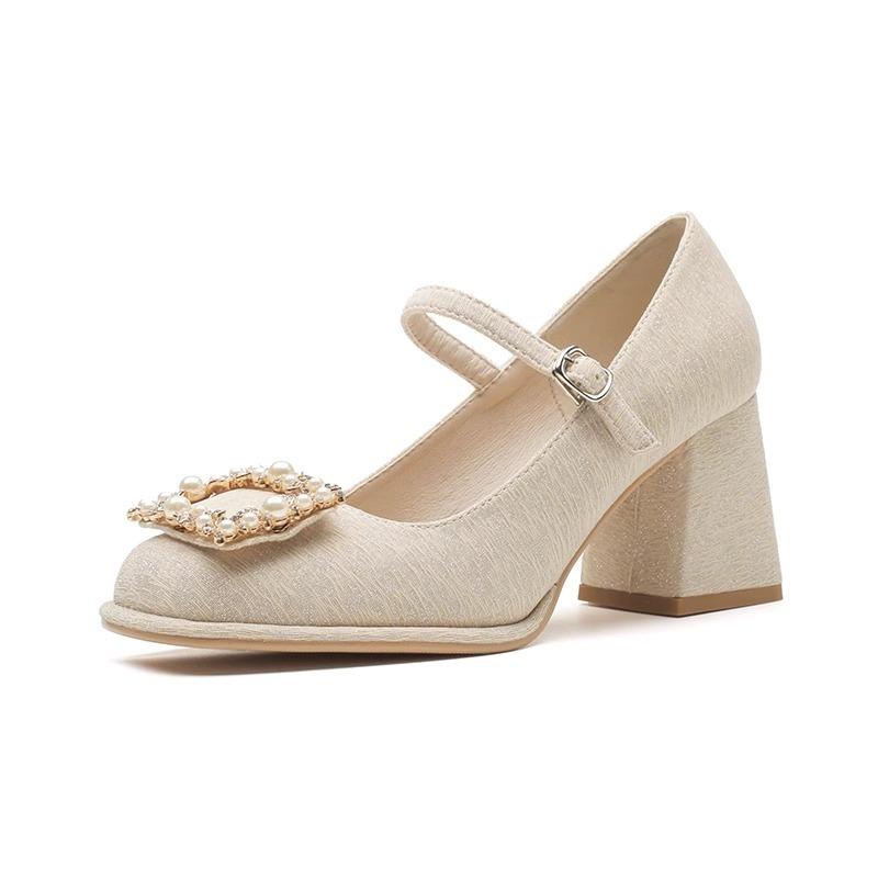 Fashion Block Heel High Heels Women Spring and Autumn New Round Toe Shallow Mouth Crystal Buckle Mary Jane Wedding Shoes