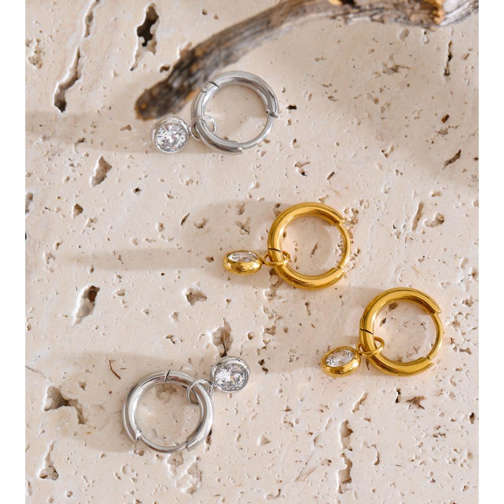 Yhpup Stainless Steel Zirconia Round Drop Hoop Earrings Prevent Allergy Metal Popular Aesthetic Daily Wear Jewelry