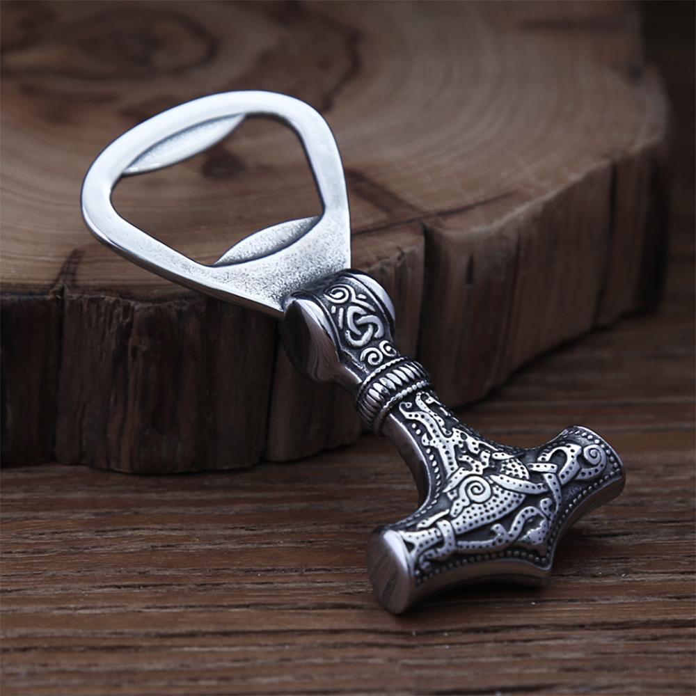 

Fashion Vintage Viking Thor s Hammer Bottle Opener Punk Stainless Steel Nordic Rune Corkscrew Cool Gift Accessories серебряный