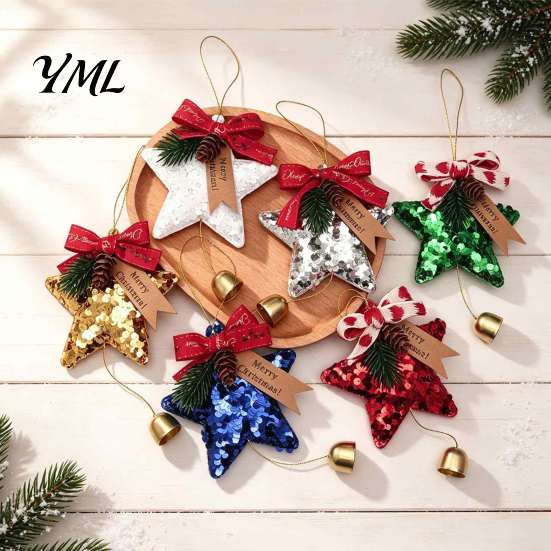 Durable Polyester Ornaments Glitter Star Bell Ornaments, Sequin Hanging Decoration with Bow Pine Seasonal Party Supplies Cone, Sparkly Christmas Tree