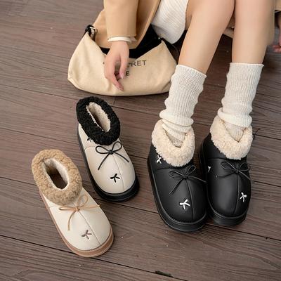 Leather Waterproof Snow Boots Outer Wear Warm Velvet Slippers Indoor Home Non-slip Heightening Thick-soled Cotton Slippers