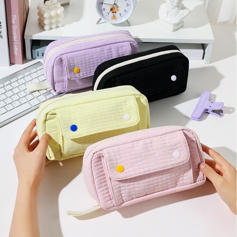 Large Capacity Pencil Case Polyester Multiple Layers Stationery Bag with Zipper Solid Color Storage Bag Stationery Storage