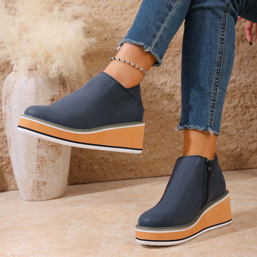 Wedges Women's Boots Retro Female Ankle Boots Trend Round Toe Platform Booties Comfortable Zipper Leather Shoes for Women Heeled