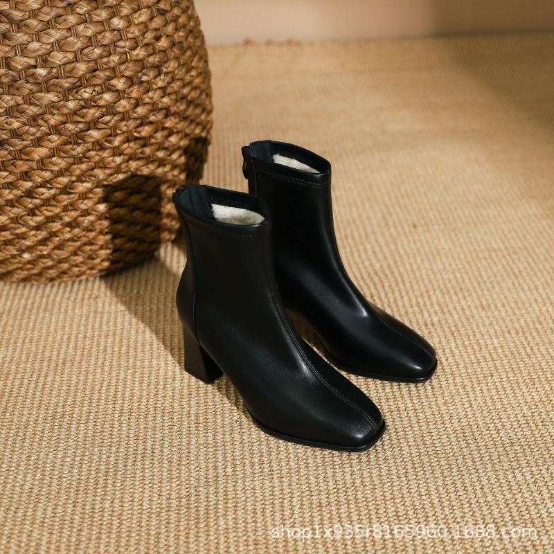 New women's boots high heel square head short boots Martin boots rear zipper short boots spring and autumn single boots women's thick heel boots