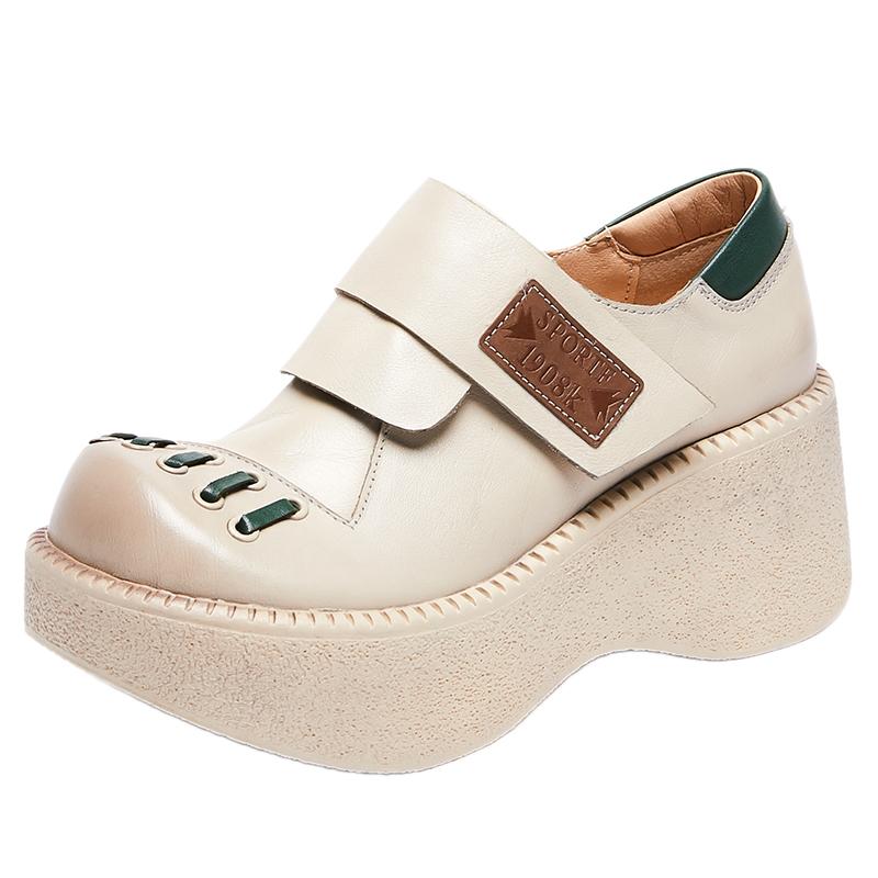 Fashion GKTINOO Retro Flat Platform Women Wedges Shoes Luxury 6cm Platform Shoes Thick Heels Genuine Leather Casual Hook & Loop Pumps