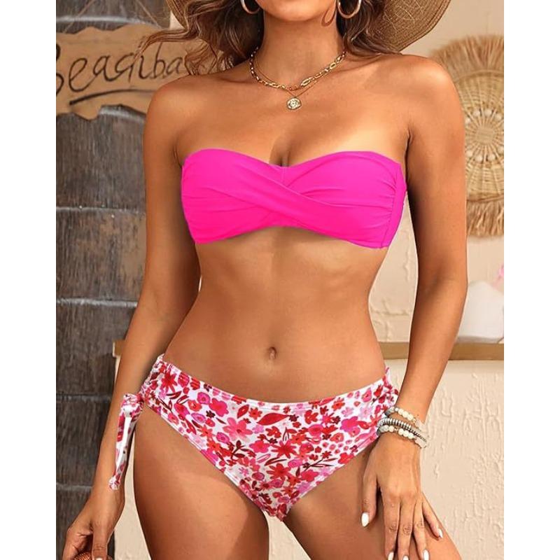 

New bandeau twisted floral swimming split bikini XXL