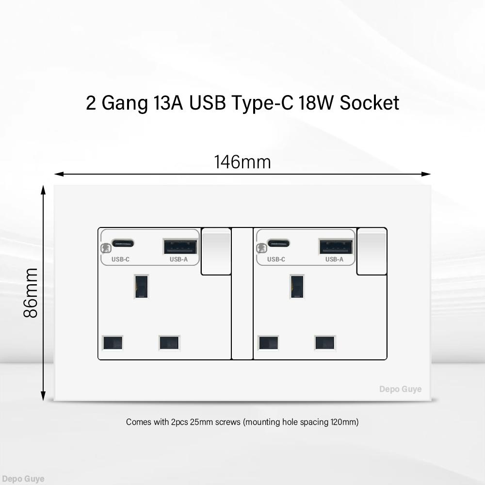 UK 13A Wall Socket with USB Type C 18W Quick Charge Power Outlet,Universal Electrical  Wall Light Switch Dual 3-pin Socket 220V