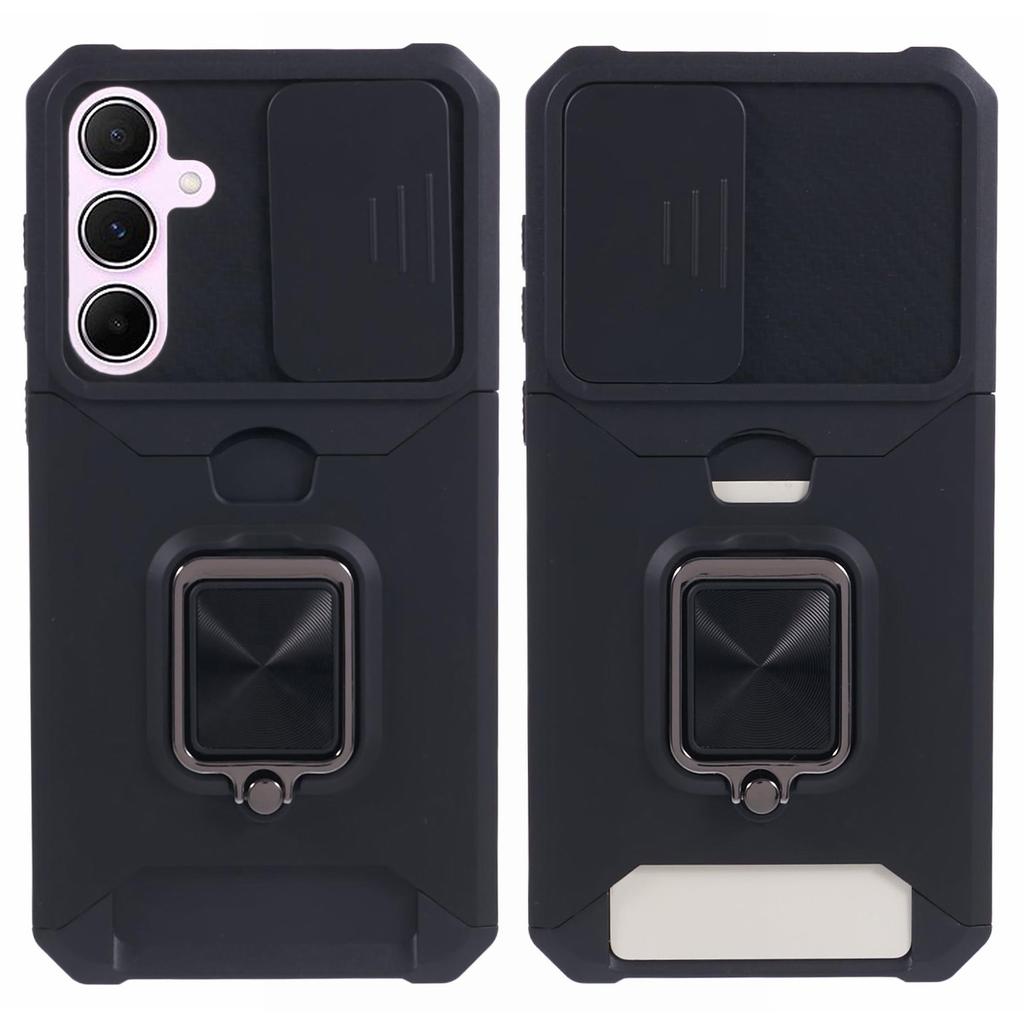 For Samsung Galaxy A55 5G Case PC+TPU Card Holder Phone Kickstand Cover with Slide Lens Lid