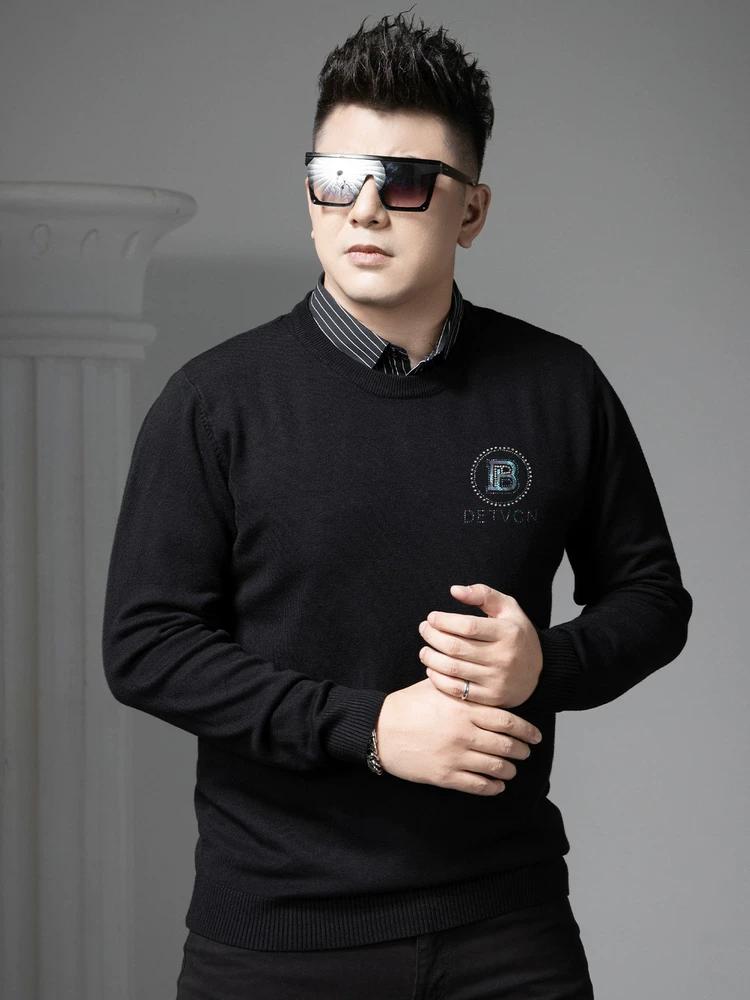 European Trendy Brand Letter-Printed Warm Knit Sweater for Men, 2025 Autumn and Winter New Style, Round Neck, Faux Two-Piece Sweater for Men