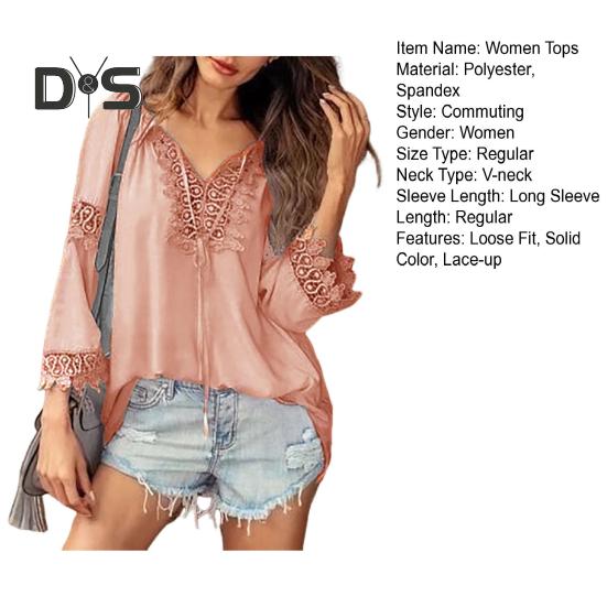 Women Tops V-Neck Embroidery Lace Trim Lace-up Long Sleeve Pullover Tops Solid Color Loose Fit Casual Style Shirt