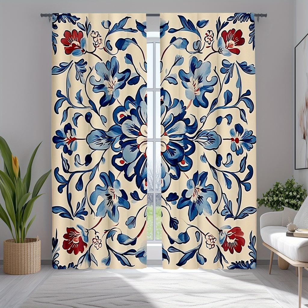 Single Panel Navy Blue Red Floral Print Curtains Polyester Fabric Suitable Living Room Bedroom Decoration Curtain Machine Washable Ideal For Great