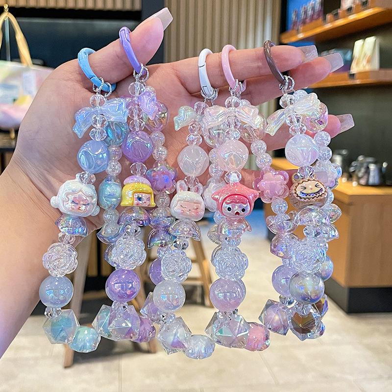 Kawaii Cute Bubble Mart Beaded Phone Chain Cartoon Keychian Pendant Backpack Decoration Accessories  Diy Beaded Keychian