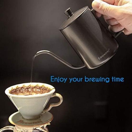 Easyworkz 600ml Drip Kettle with Thermometer, Stainless Steel Gooseneck Coffee Pot [Black]