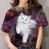 Women's Cat Print T-Shirt, Cute Short-Sleeve Summer Top, Breathable Casual