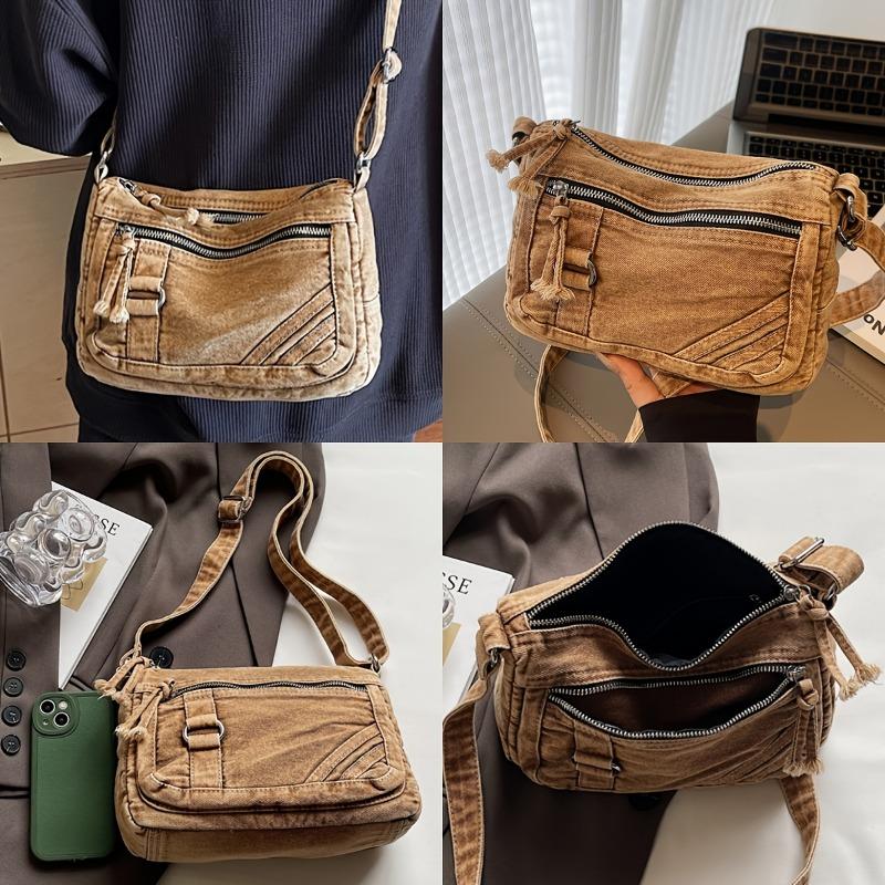 Women'S Vintage Crossbody Bag with Adjustable Strap - Multi-Zipper Compartments, Durable Polyester Lining, Solid Color for Daily Commute & Shopping