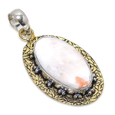 Natural Scolecite Gemstone 925 Sterling Silver Two Tone Pendant 2.36" O1B97