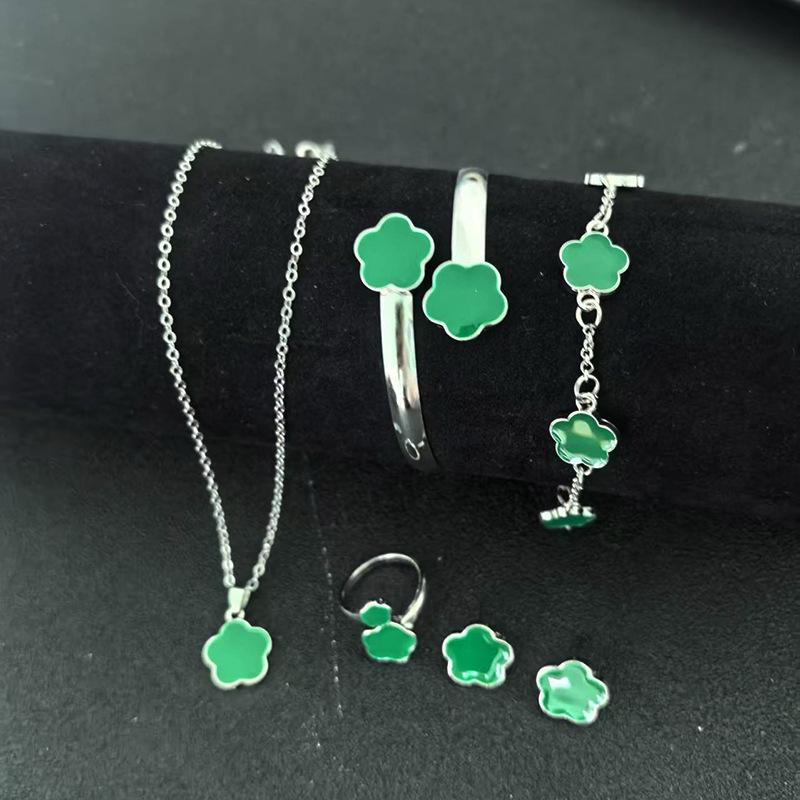 European Elegance: Five-Petal Flower Jewelry Set (Necklace, Bracelet, Bangle, Earrings, Ring)