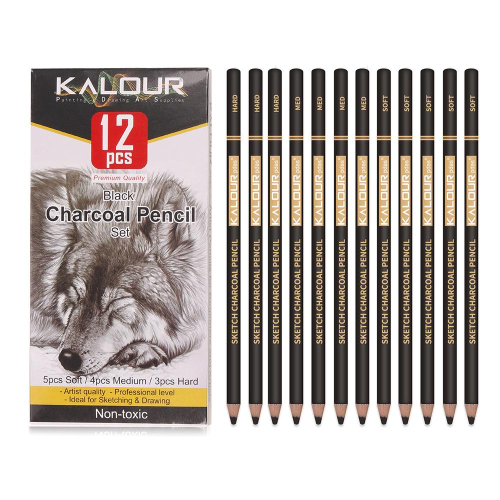 KALOUR Professional Charcoal Pencils: White, Black, Colored for Sketching and Art. 12 Black Charcoal Sticks белый
