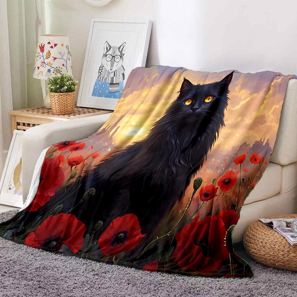 1pc Cat Flowers Blanket, Lightweight Flannel Throw Blanket For Sofa, Bed, Travel, Camping, Living Room, Office, Couch, Chair, And Bed