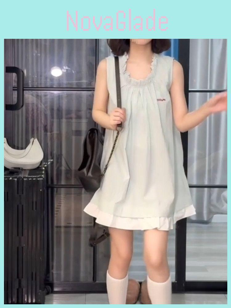 French Sweet Style Sleeveless Dress With Knitted Fabric For Summer Casual Wear