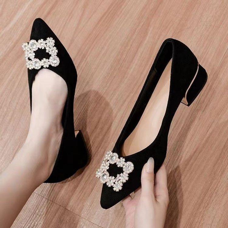 New rhinestone suede thick heel single shoes spring 2025 versatile pointed head shallow mouth low heel French black work