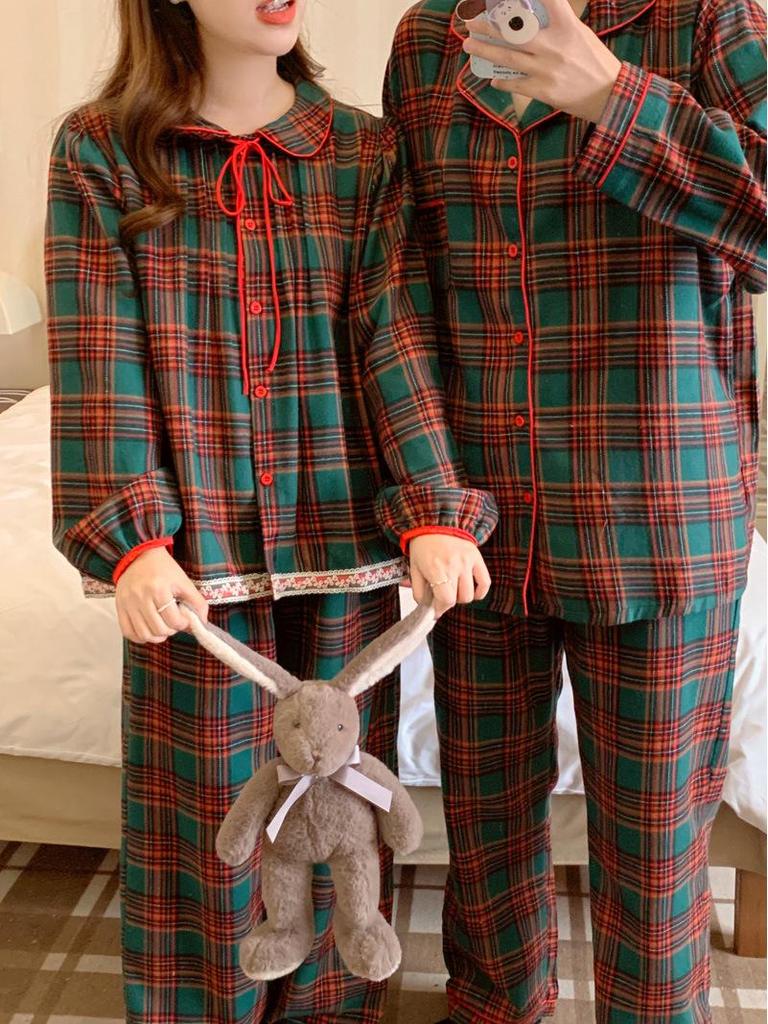 Корейський картатий різдвяний піжамний комплект для дівчаток - комірець Пітера Пена, довгий рукав та штани, осінньо-зимовий домашній одяг
