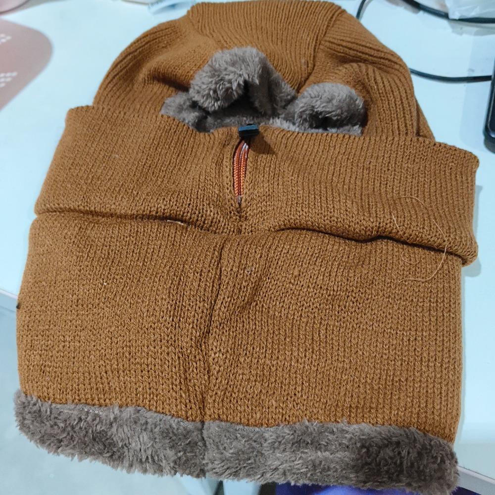 Zipper Hooded Thermal Cap Thickened Knitted Balaclava Cap Simple Knitted Scarf Hat  Outdoor
