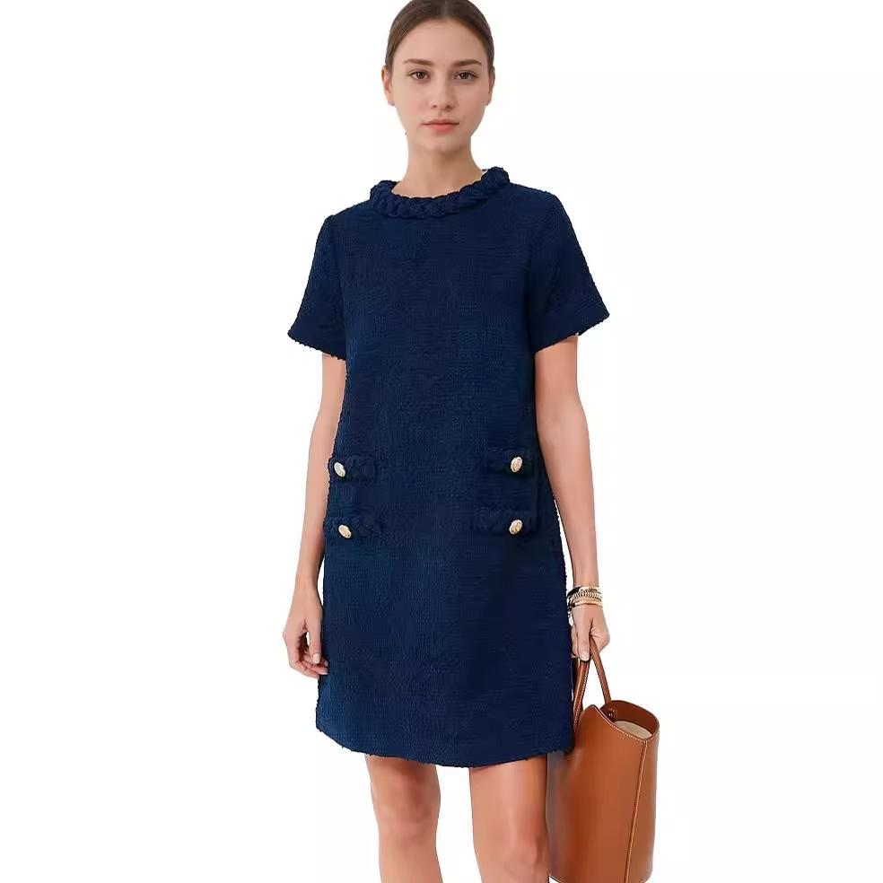 

Женские милые короткие платья, элегантные твидовые однотонные пуловеры на пуговицах, миди-платья, короткие вечерние платья для офисных леди XS темно-синий