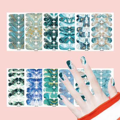 Blue-Gold Gradient Marble Nail Tips: European/American Style Removable Manicure Stickers