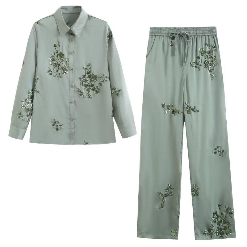 Spring Women's Fashion Style Loose Beaded Decoration Embroidered Shirt Casual Pants Set