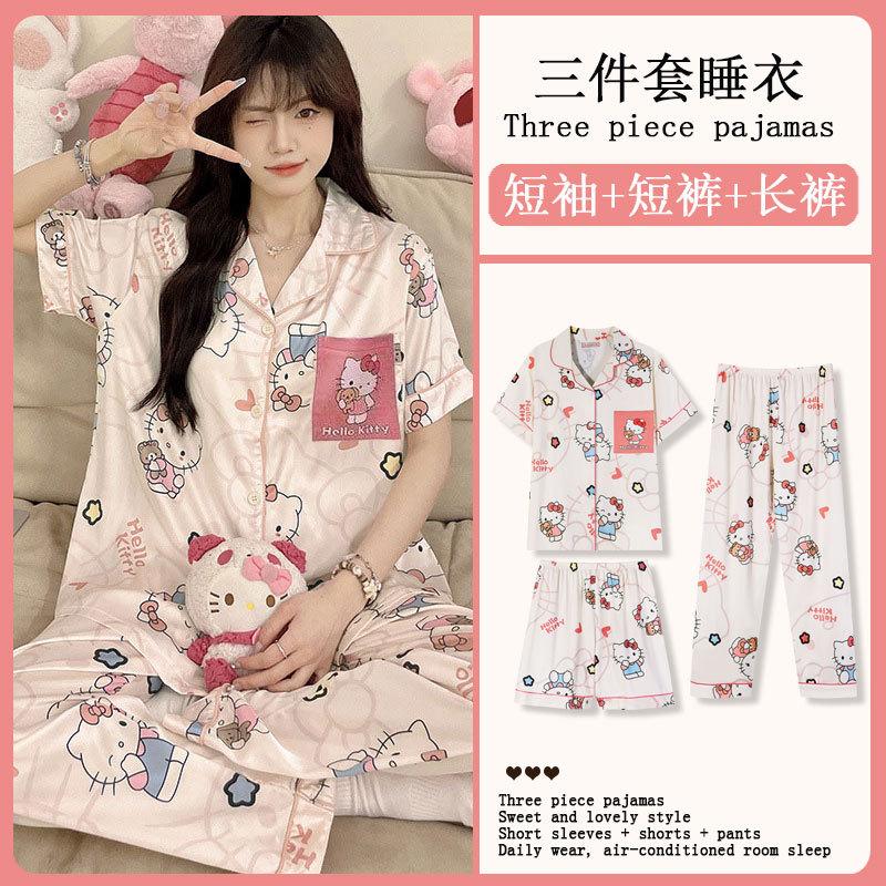 

Three-piece set! Pajamas women ins sweet and cute wind KT cat cardigan short-sleeved loose plus size loungewear set M