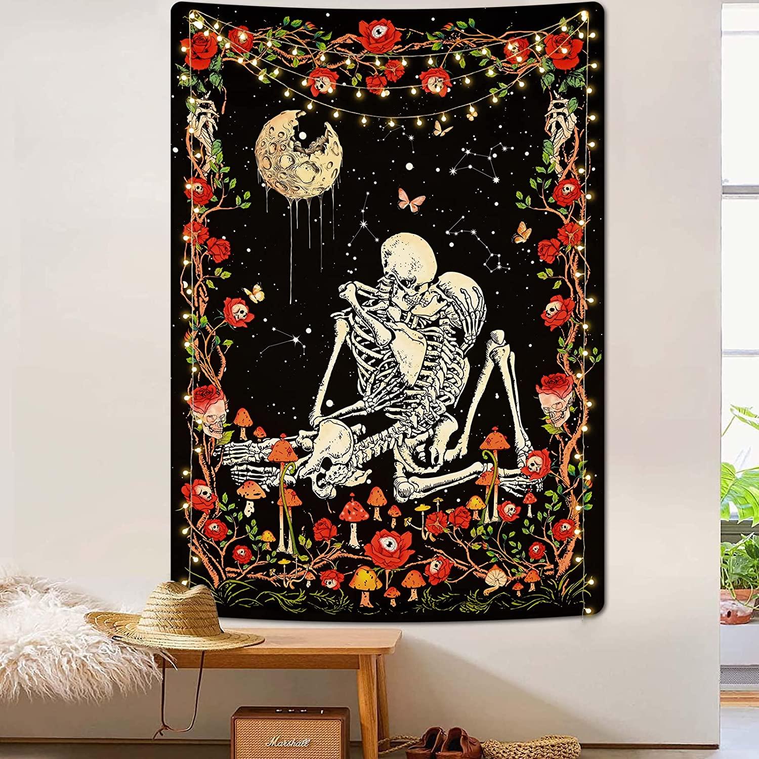 Skull Gothic Floral Skeleton Tapestry Witchy Wall Decor KJHL Skull