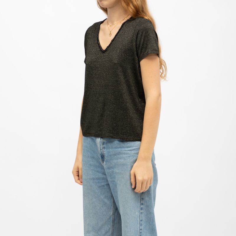 Black V-neck Oxane Striped T-shirt Woman DEELUXE 74