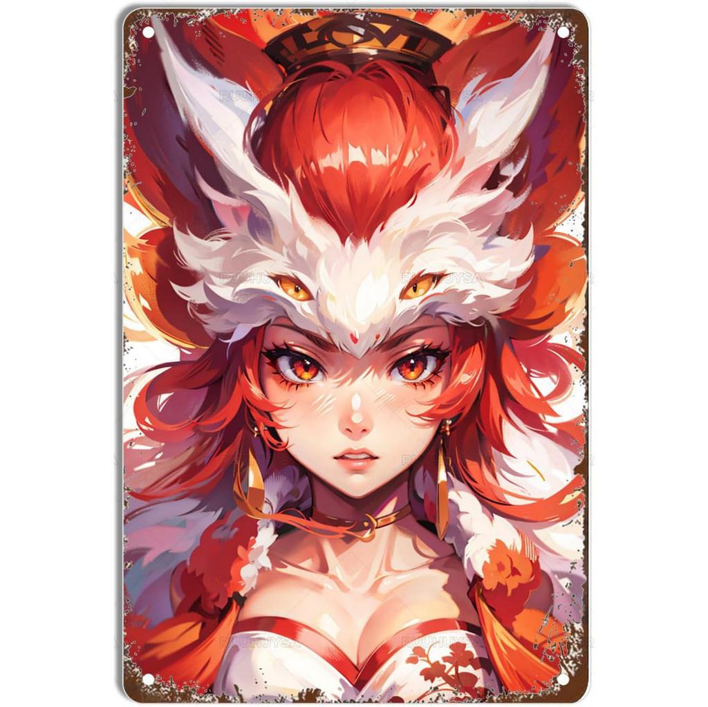 Mfoever Pinup Anime Fox Girl Metal Tin Signs Plaque Wall Decoration Vintage Posters Iron Painting for Man Cave Home Cafe Garden Club Bar