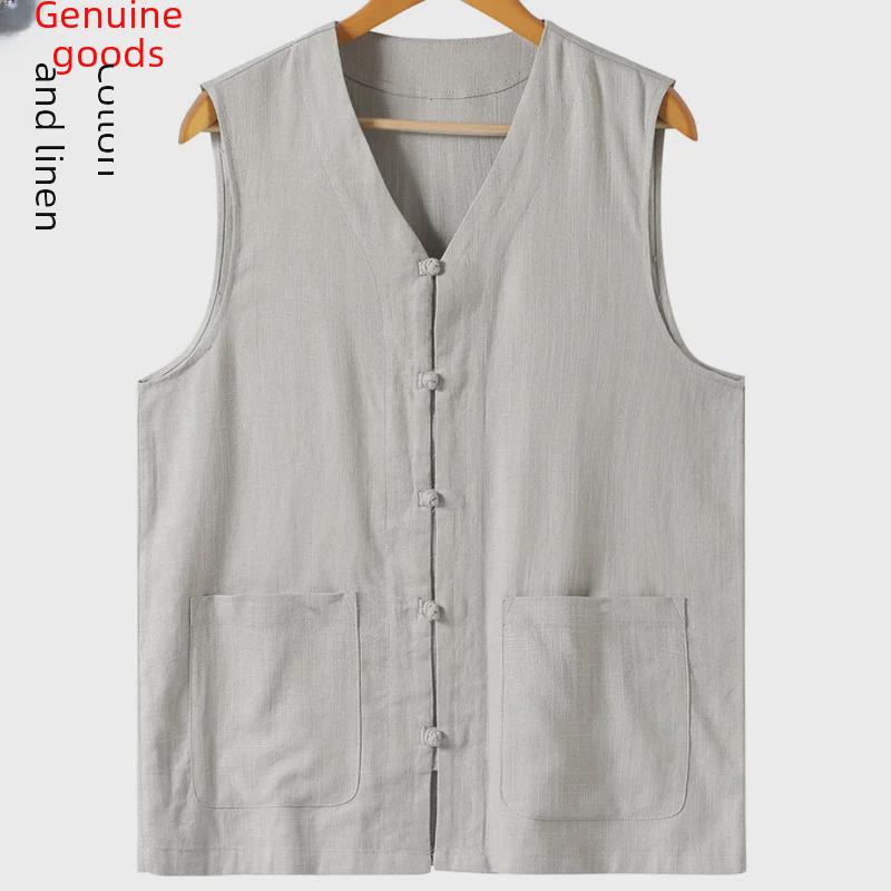 Sommerweste aus Baumwoll-Leinen im chinesischen Tang-Anzug für Herren – leicht, für mittleres und älteres Alter, große Größen erhältlich