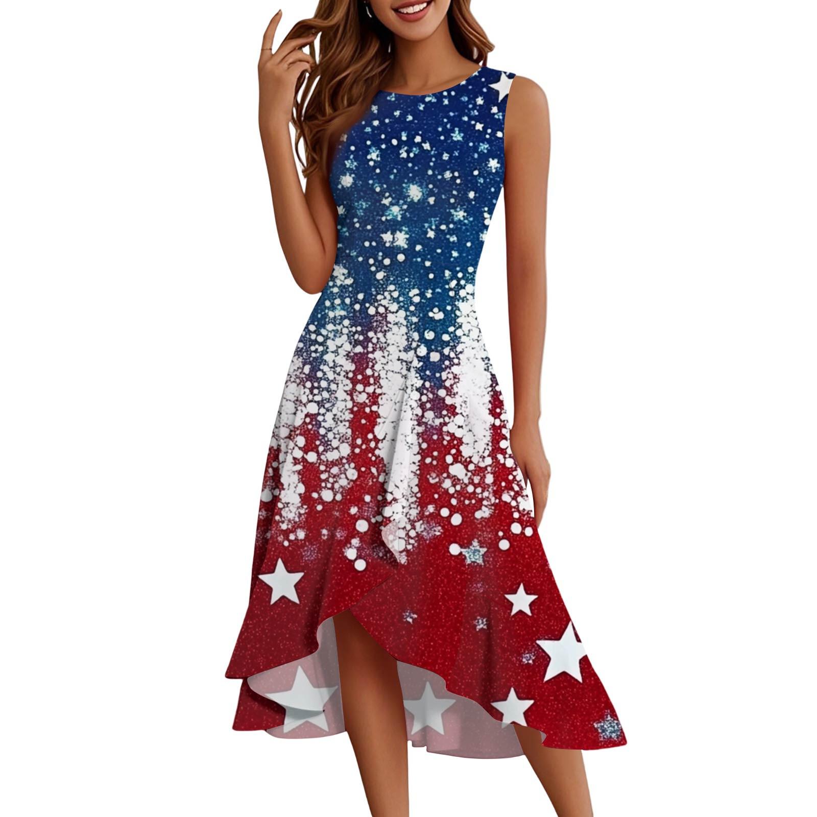 

Women s Fashion Casual Zip Sleeveless Round Neck Independence Day Printed Elegant Temperament Ruffles Dress Dresses S