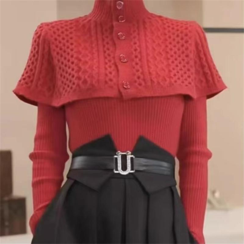 Temperament Cape Knit Two Piece Set Women Fashion V Neck Long Sleeve Pullover Sweater Stand Collar Knit Cardigan Shawl Suits