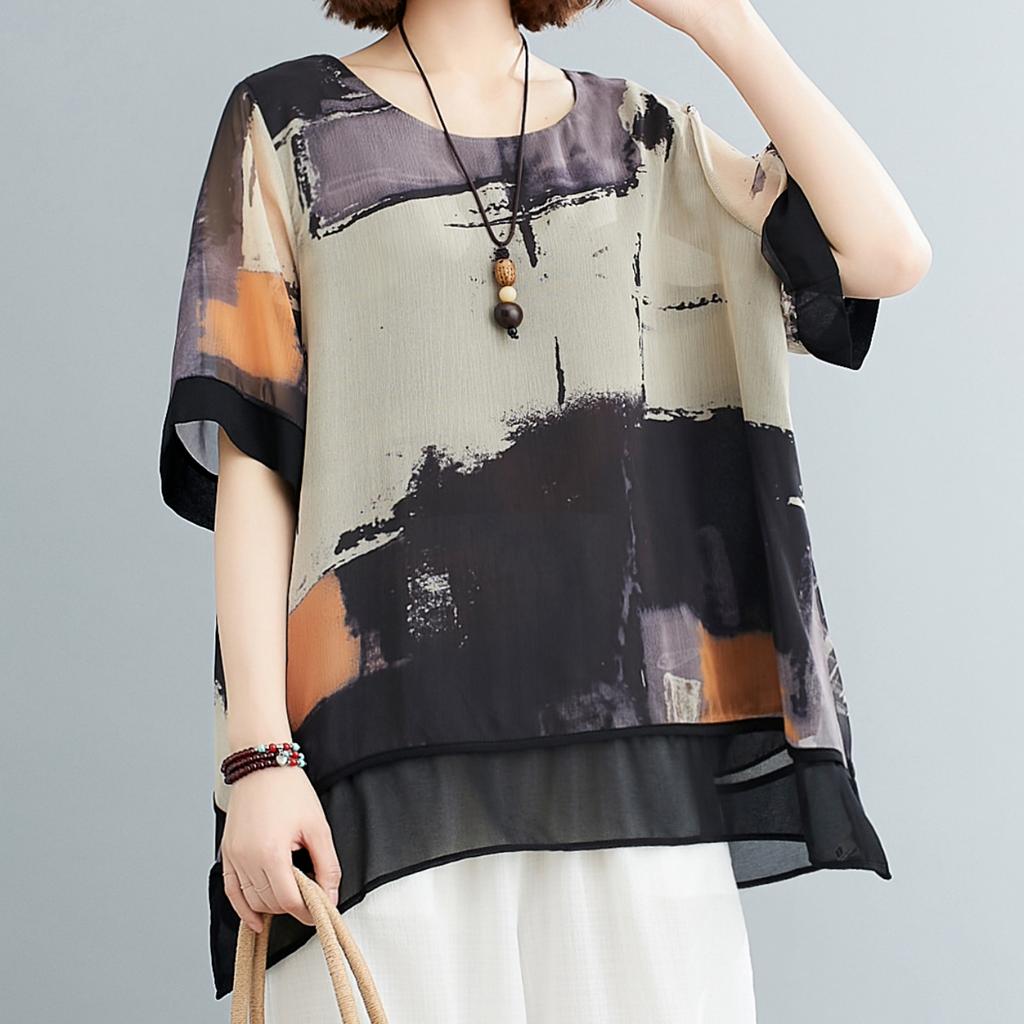 DIMANAF 2025 Summer Short Plus Size T-Shirt Women Short Sleeve Loose Chiffon Printing Shirts