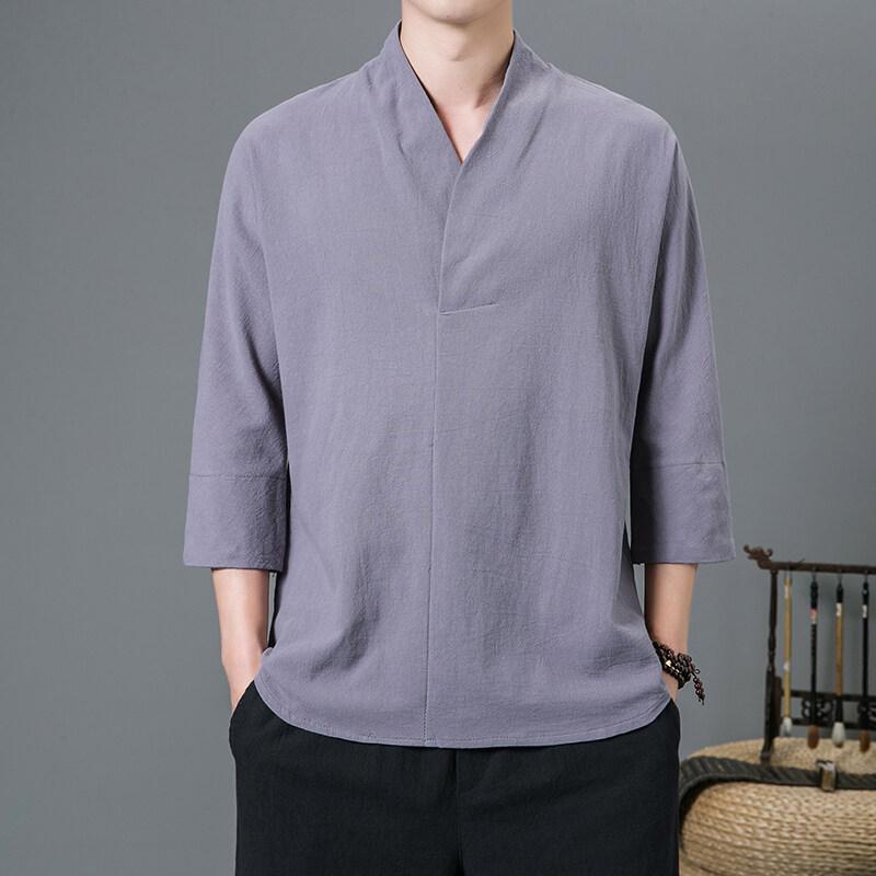Spring Summer 2025 New Chinese Style T-Shirts Fashion Men Three-Quarter Sleeve V-Neck Tops Tees Men Casual Solid-Color Hanfu