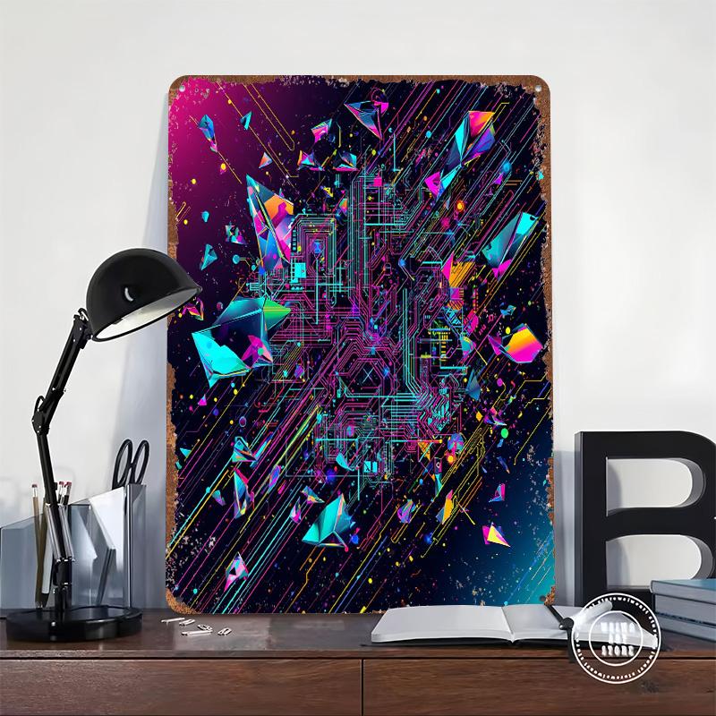 Abstract Circuit Board With Geometric Shapes Tinplate Poster Customized Wall Art Vintage Retro Metal Signs for Office Decoration