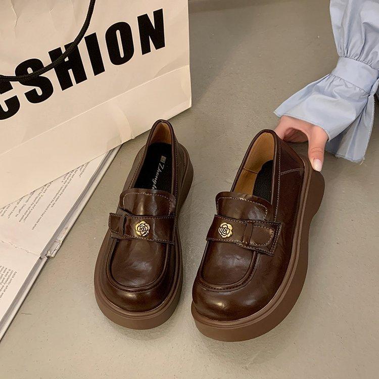 Round Head Brown British Style Thick Heel Platform Small Leather Shoes Women's 2025 Spring New French One-pedal Loafer Single Shoes Women