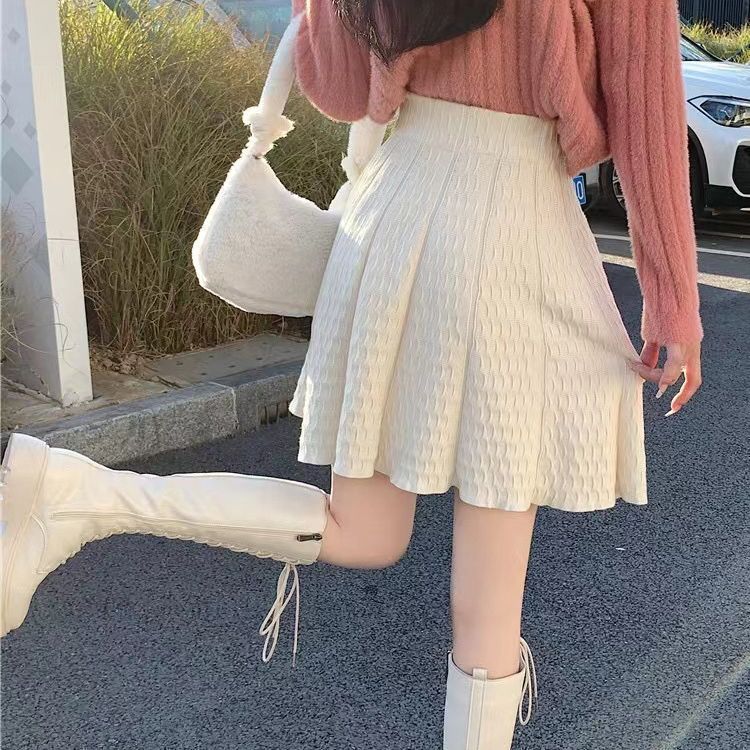 Dame Høy midje A-linjeskjørt Strikket kort skjørt Høst og vinter Hverdagslig plissert skjørt