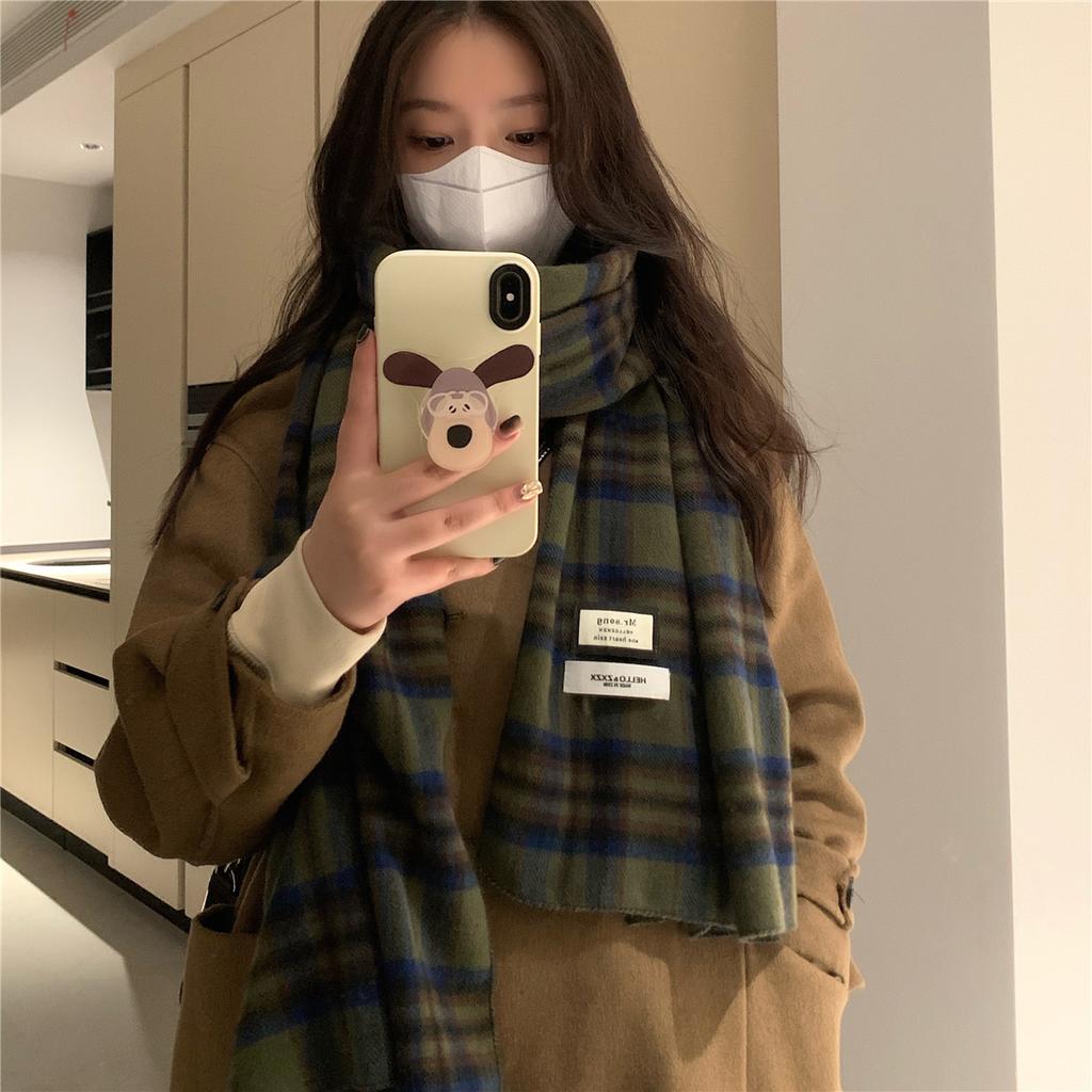 Retro Green Plaid Scarf for Women Winter Korean Version Versatile Thickened Student Shawl Dual Purpose Warm Knitted Scarf