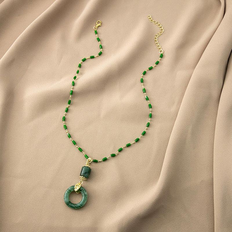 Vintage Emerald Gradual Change Safety Buckle Necklace, Lucky Flower Beauty Waist Pendant Resin Necklace