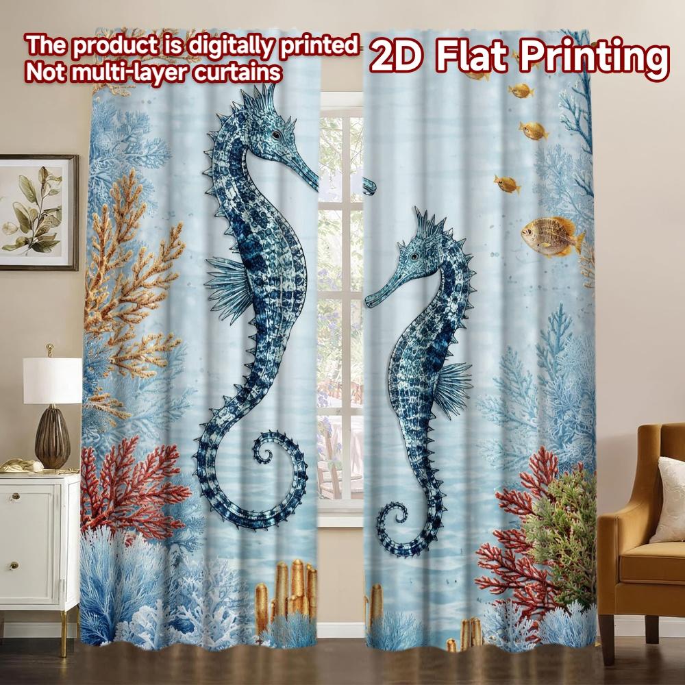 2D FLAT PRINTING 2pcs Curtains (Without Rod) Two Seahorses in Coral Chic Curtains&Window Treatment Versatile Polyester Fabric 60×150cm