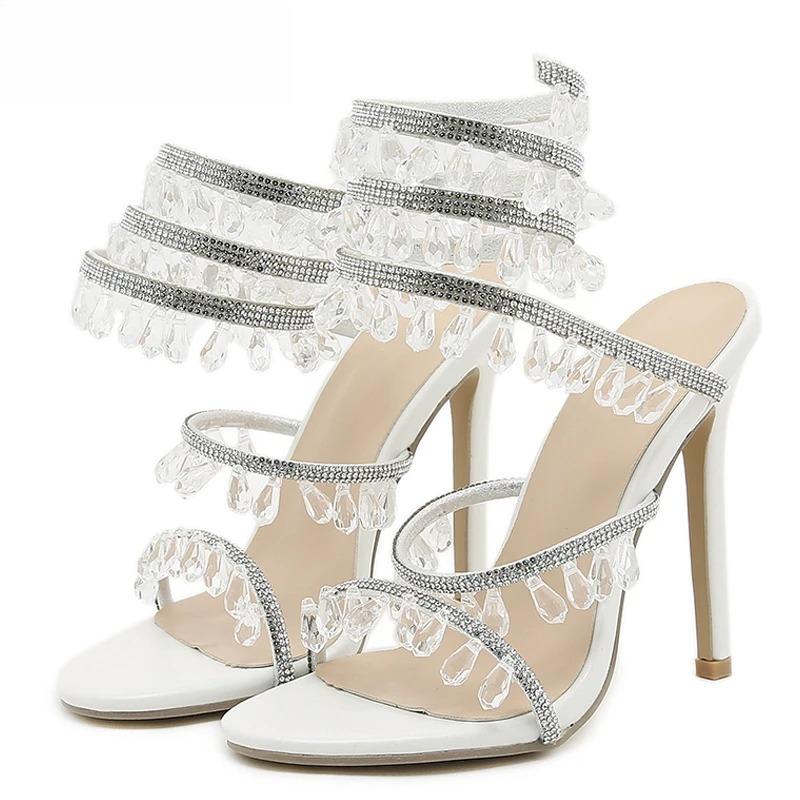 Fashion Summer Rhinestone High Heel Sandals Luxury Fashion Women's Shoes Brand String Bead Banquet Stiletto Wrap Strap Open Toed Shoes